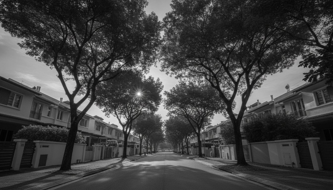 Wide editorial photograph of a Singapore landed residential estate street